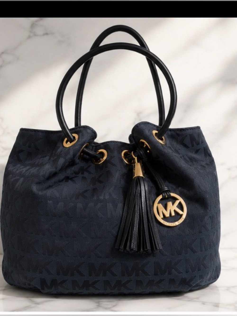 Michael Kors Navy MK Signature Tote with Tassel and MK  Charm